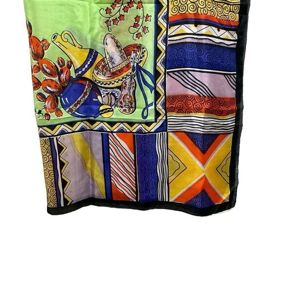 Scarf 100% Silk Mexican Fiesta Multi-Color Square Hand Rolled Hem 32” X 35” - Picture 5 of 10